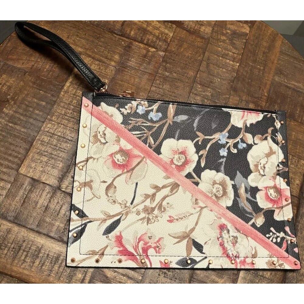 White House Black Market Black Pink Floral Studded Clutch Bag Purse Wristlet
